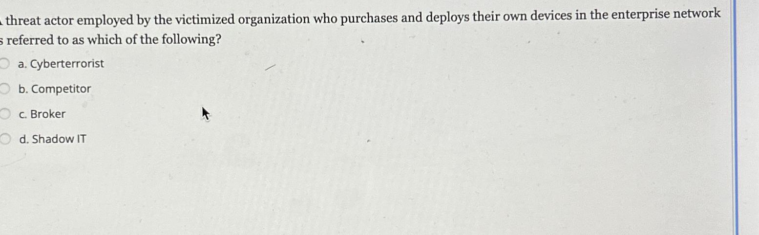 Solved threat actor employed by the victimized organization | Chegg.com