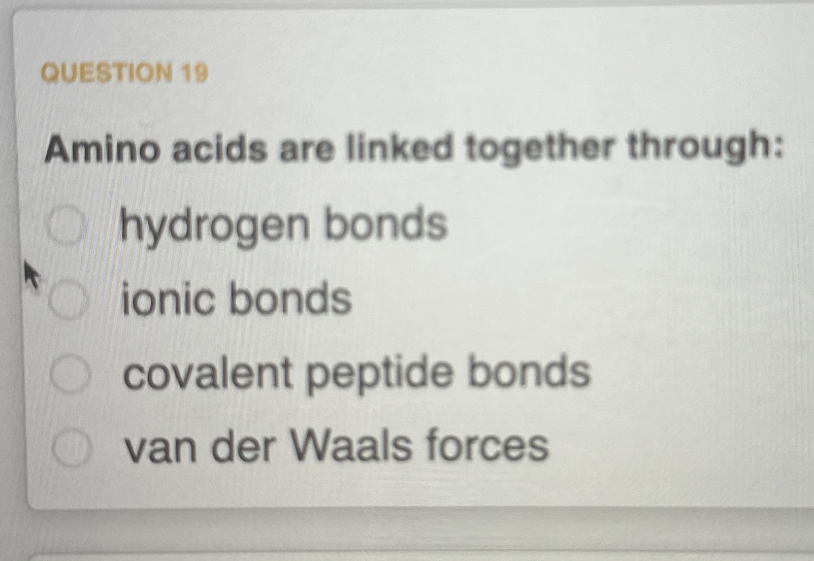 Solved QUESTION 19Amino acids are linked together