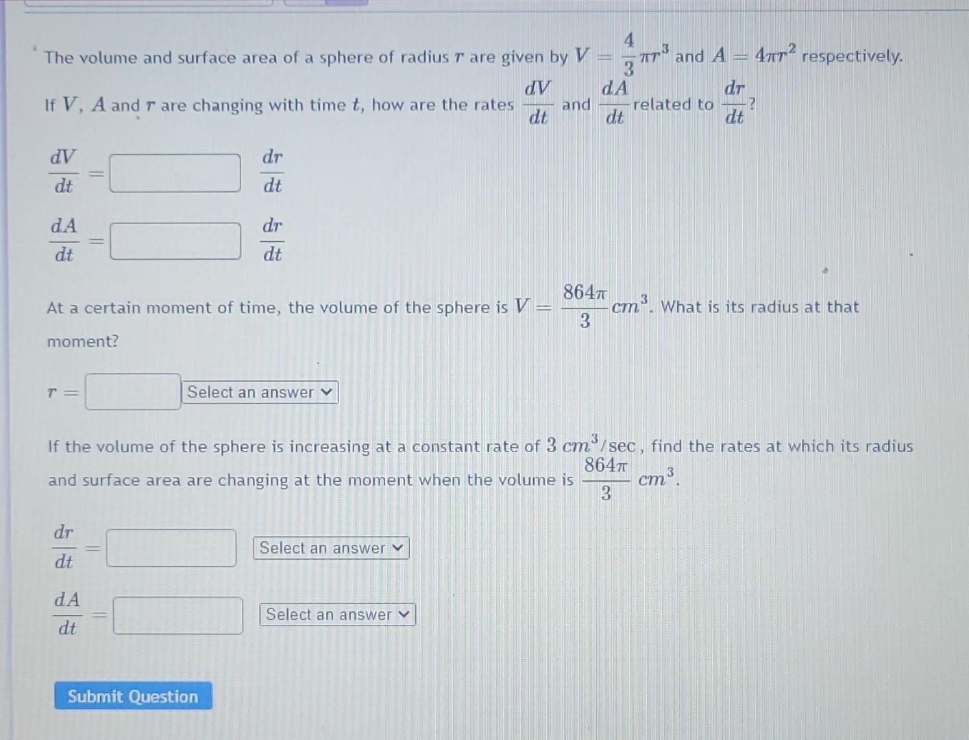 Solved The volume and surface area of a sphere of radius r | Chegg.com