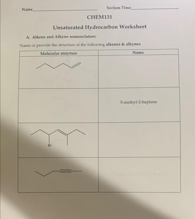 Solved : Unsaturated Hydrocarbon Worksheet A Alkene and A