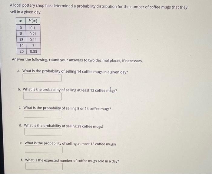 Solved A local pottery shop has determined a probability | Chegg.com