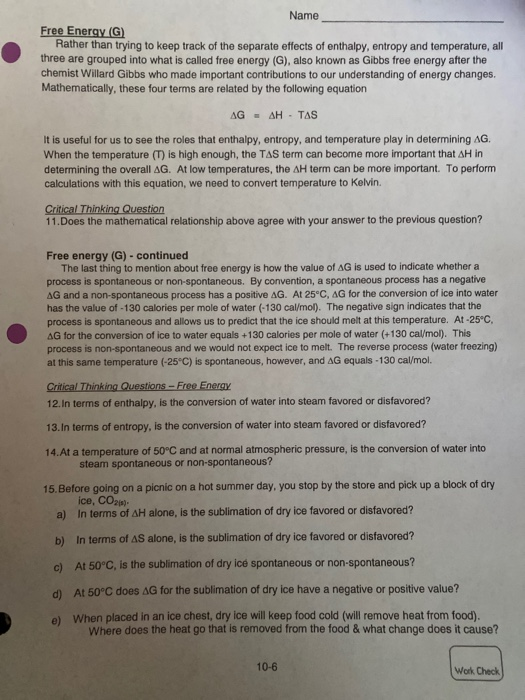 Solved Name Free Energy (G) Rather than trying to keep track | Chegg.com
