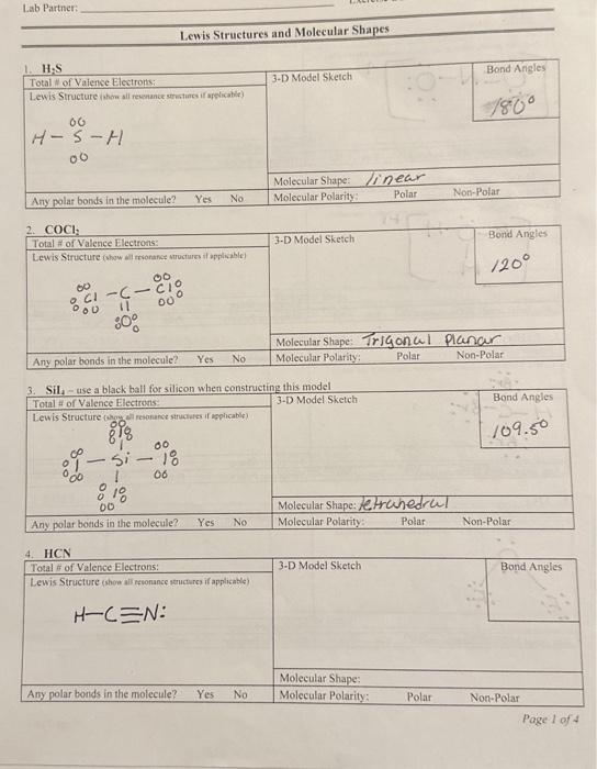 Lab Partner: Lewis Structures and Molecular Shapes 2. | Chegg.com