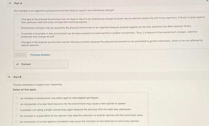 Solved Part A Are changes to an organism's physical | Chegg.com