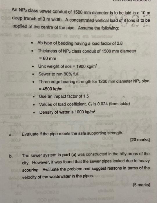 Solved An NP2 class sewer conduit of 1500 mm diameter is to | Chegg.com