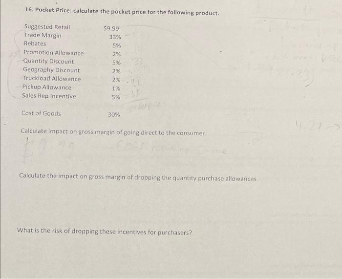 Solved 16. Pocket Price: calculate the pocket price for the | Chegg.com