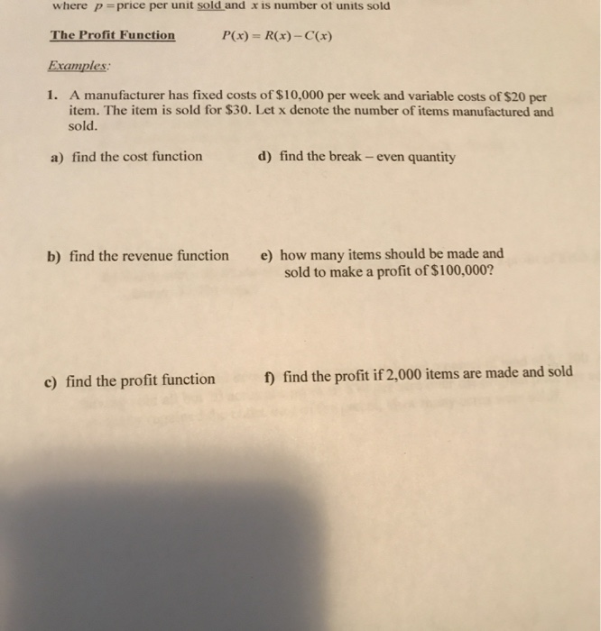 Profit Per Unit Example Solved where p = price per unit sold and x is number of | Chegg.com