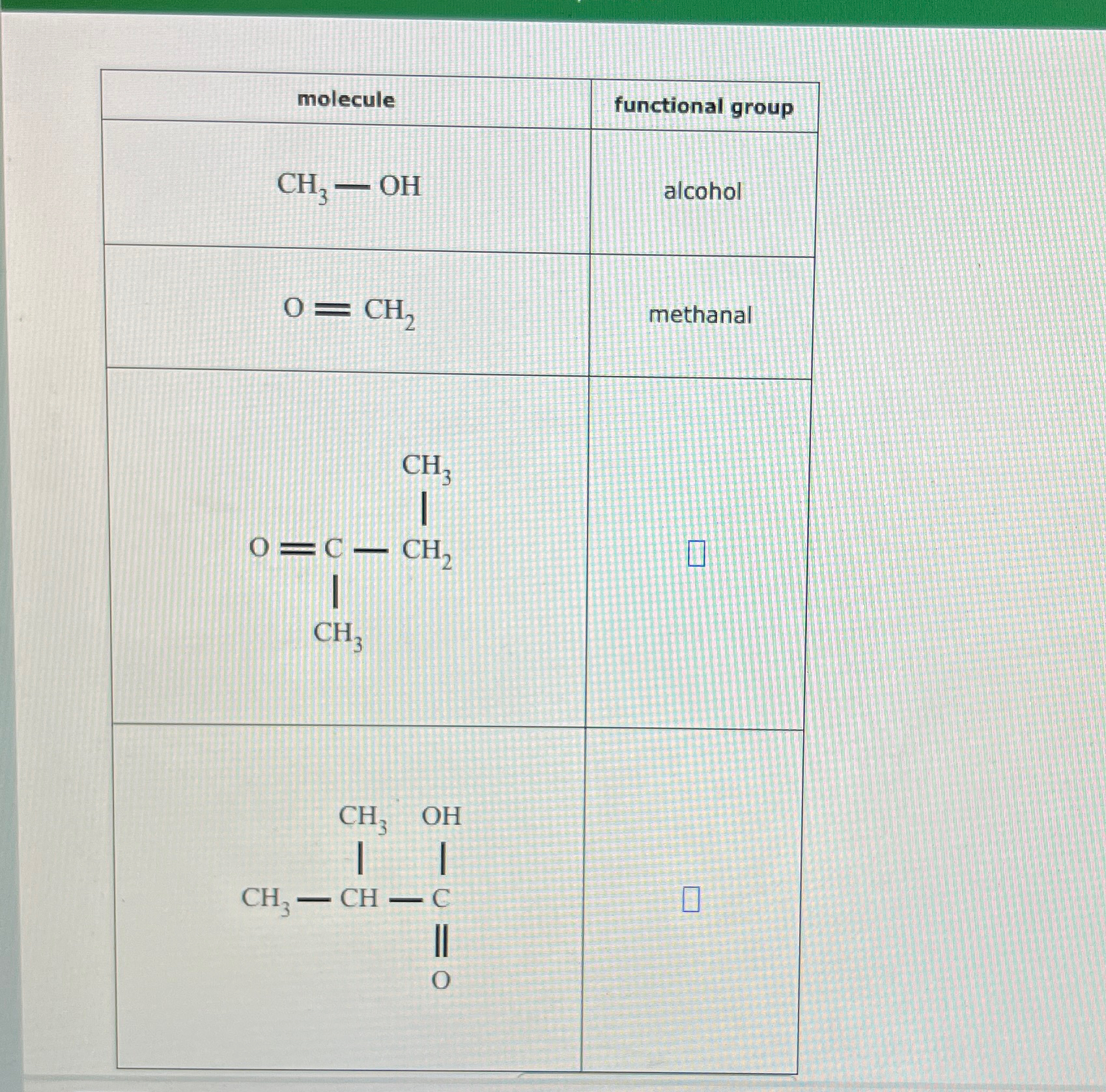 Solved Name the functional group of each molecule below | Chegg.com