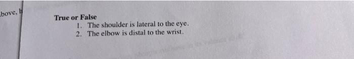 True or False
1. The shoulder is lateral to the eye.
2. The elbow is distal to the wrist.