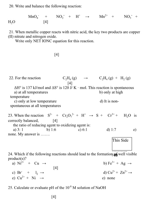 Solved 20. Write and balance the following reaction: Mno. + | Chegg.com