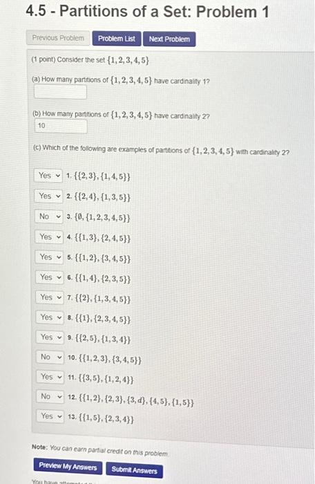 Solved 4.5 - Partitions of a Set: Problem 1 (1 point) | Chegg.com