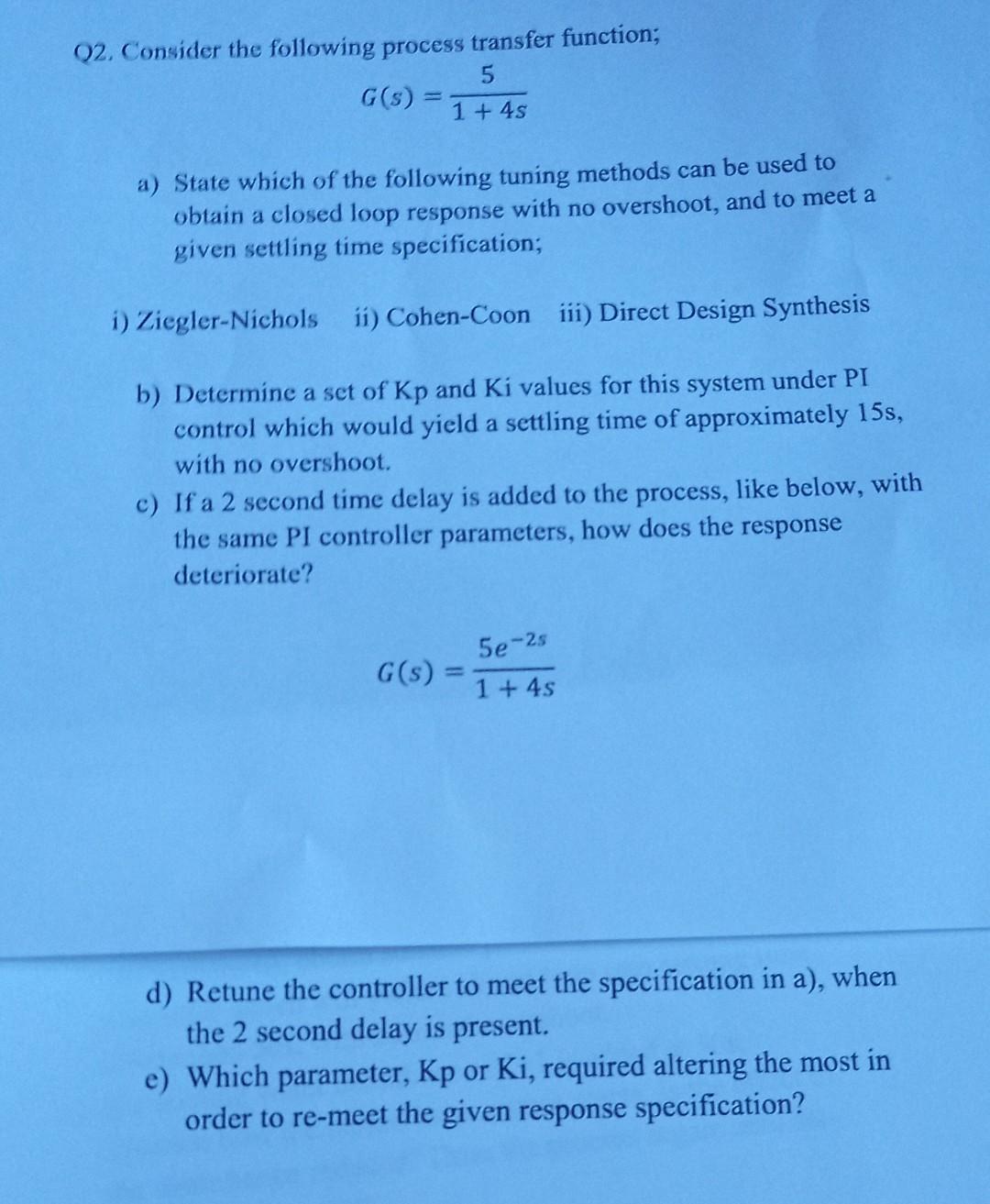 Solved Q2. Consider the following process transfer function; | Chegg.com