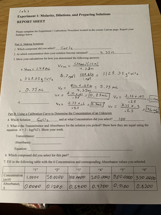 robi Experiment 1 Molarity, Dilutions, and Preparing