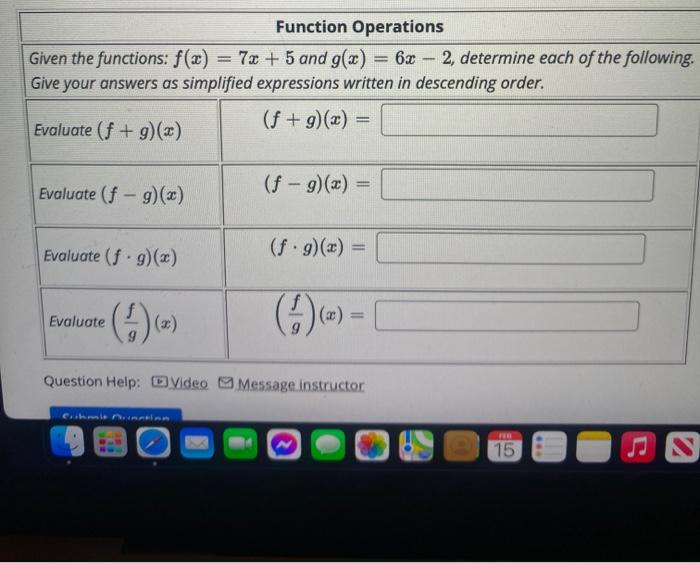 Solved Function Operations Given the functions: f() = 7x + 5 | Chegg.com