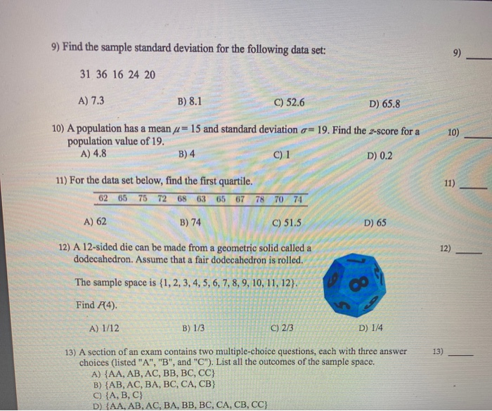 Solved 9) Find the sample standard deviation for the | Chegg.com