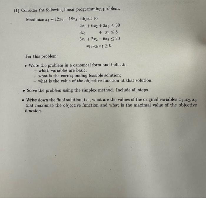 Solved (1) Consider the following linear programming | Chegg.com