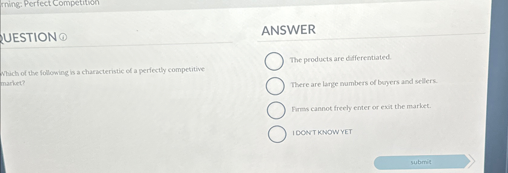 Solved Rning: Perfect CompetitionRUESTION (i)ANSWERWhich Of | Chegg.com