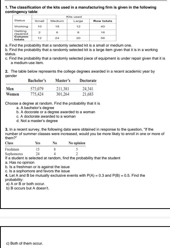 Solved 1. The classification of the kits used in a