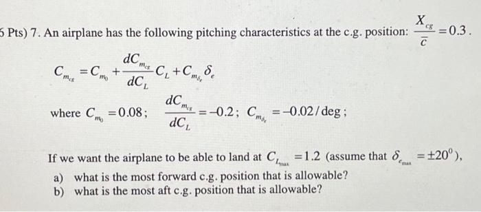 Solved X cg 6 Pts) 7. An airplane has the following pitching | Chegg.com