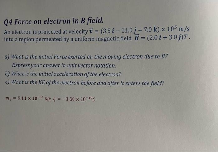 Solved Q4 Force on electron in B field. An electron is | Chegg.com