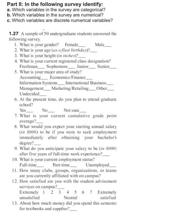 Solved Part II: In the following survey identify: a. Which | Chegg.com