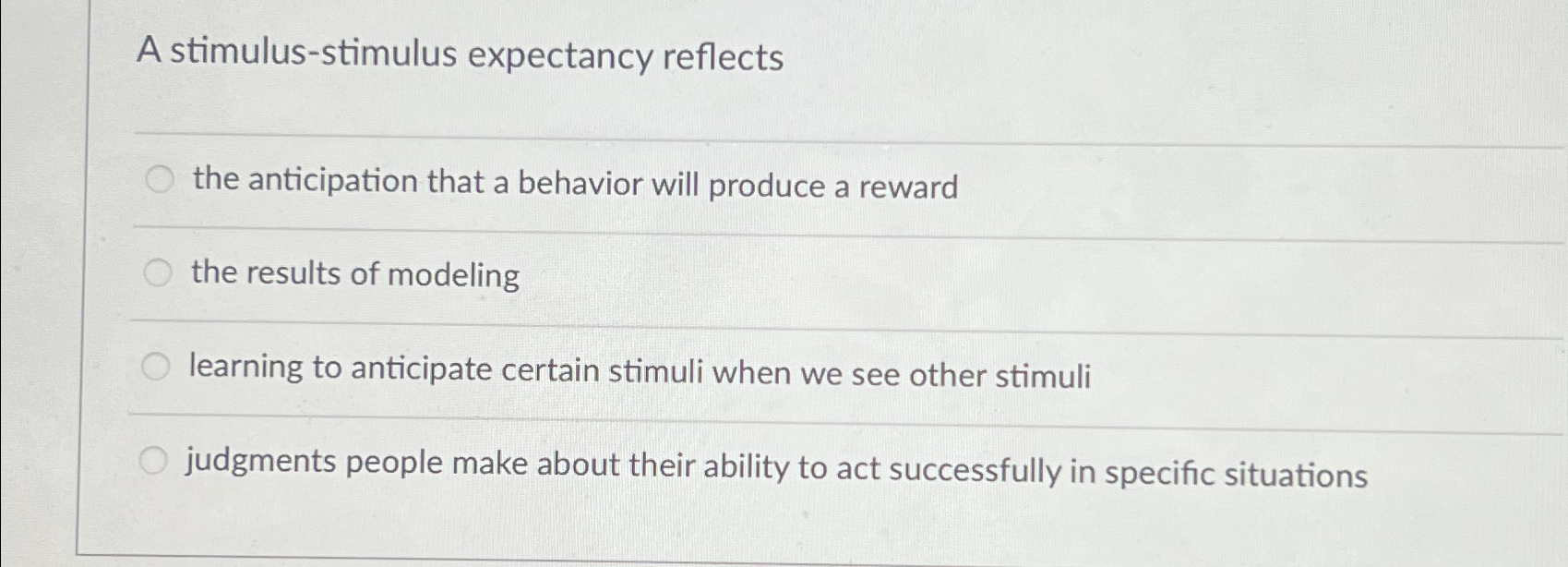 Solved A stimulus-stimulus expectancy reflectsthe | Chegg.com
