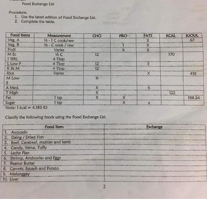 Food Exchange List Procedure: 1. Use The Latest | Chegg.com