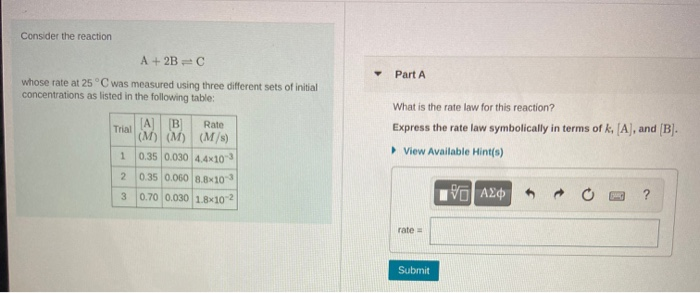 Solved Consider the reaction A + 2B=C Part A whose rate at | Chegg.com