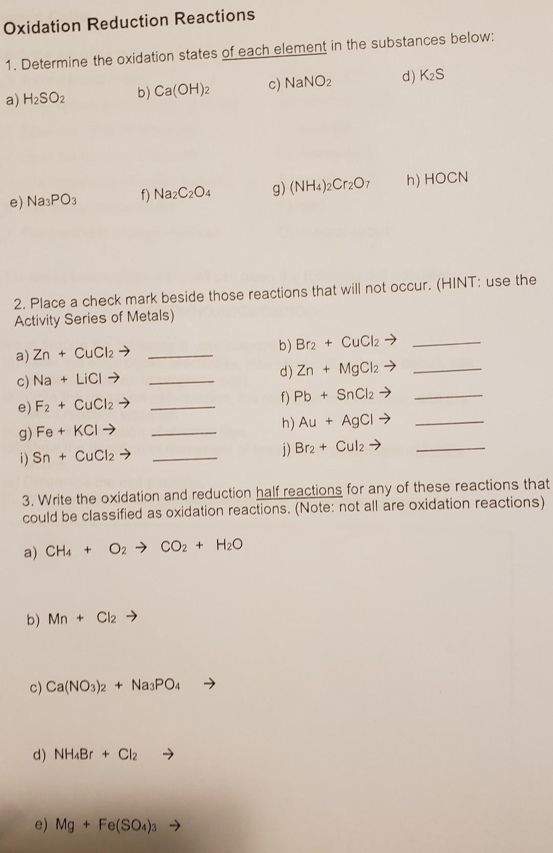 Solved Oxidation Reduction Reactions 1. Determine the | Chegg.com