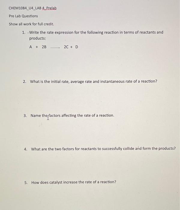 Solved CHEM1084_U4_LAB 4. Prelab Pre Lab Questions Show all | Chegg.com