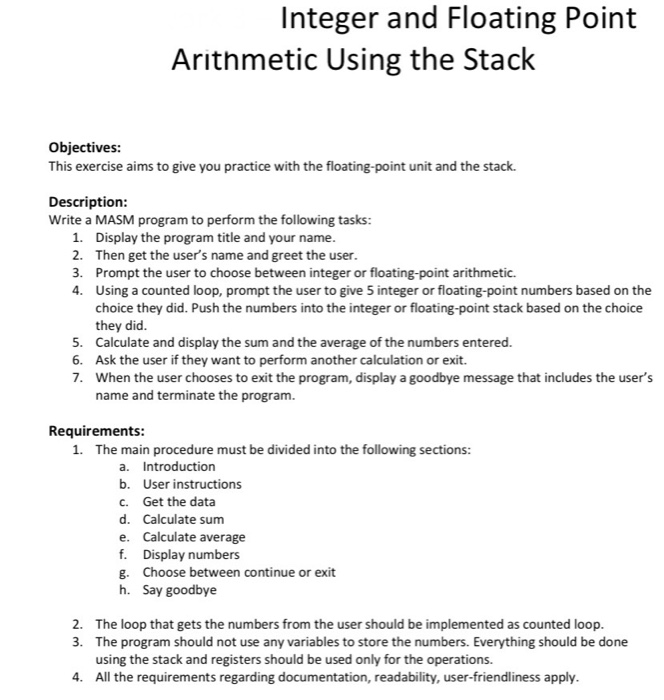 Integer and Floating Point Arithmetic Using the Stack | Chegg.com