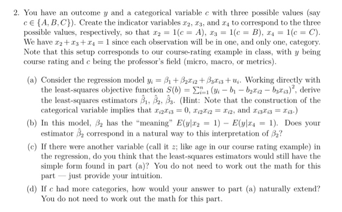 Solved 2. You have an outcome y and a categorical variable c | Chegg.com