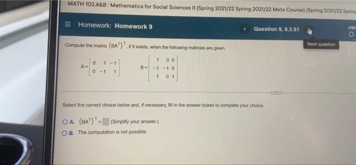 Solved MATH 102.A&B: Mathematics For Social Sciences II | Chegg.com