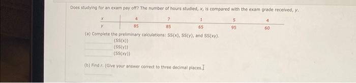 (a) Complete the preliminary calculations: SS(x), SS(y), and SS(xy).
\[
\begin{array}{l}
(5 S(x)) \\
(5 S(y)) \\
(S S(x y))
\