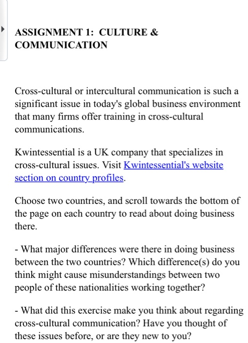 Solved ASSIGNMENT 1: CULTURE & COMMUNICATION Cross-cultural