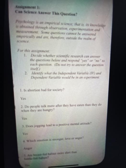 Solved Assignment 1 Can Science Answer This Question?