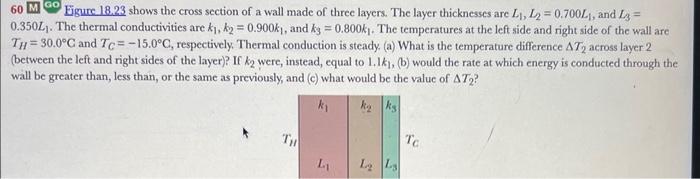 \( 60 \mathrm{M} \) Go Eigure \( 18.23 \) shows the cross section of a wall made of three layers. The layer thicknesses are \