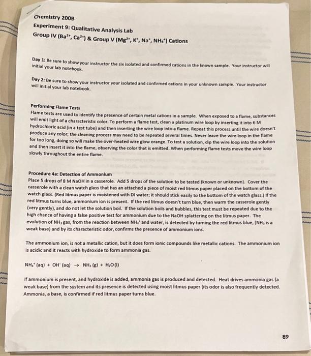 Solved Chemistry 200B Experiment 9 Qualitative Analysis Lab