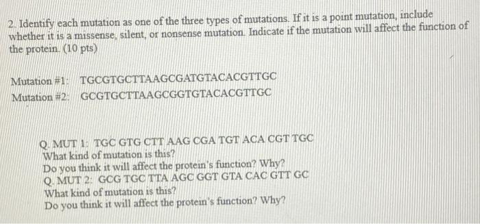 Solved 2. Identify each mutation as one of the three types | Chegg.com