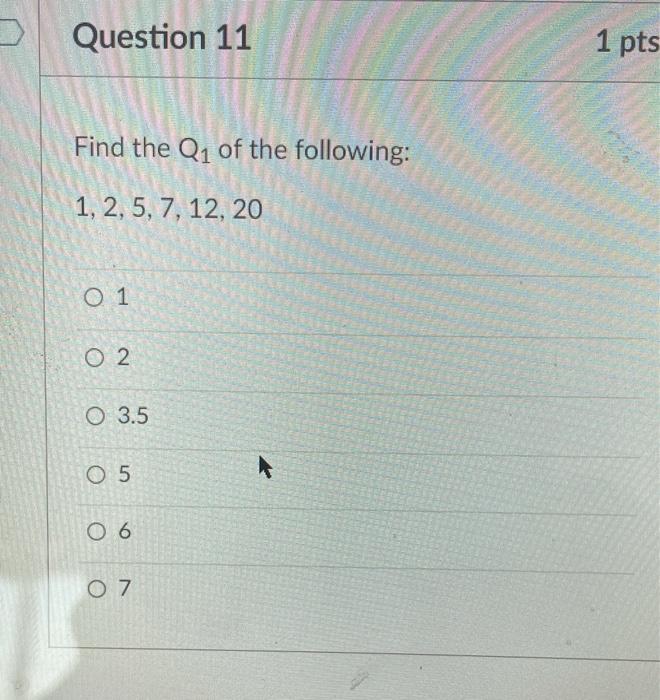 Solved Question 11 1 pts Find the Q1 of the following: 1, 2, | Chegg.com