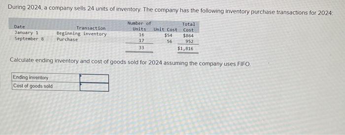 Solved During 2024 A Company Sells 24 Units Of Inventory Chegg Com   Image