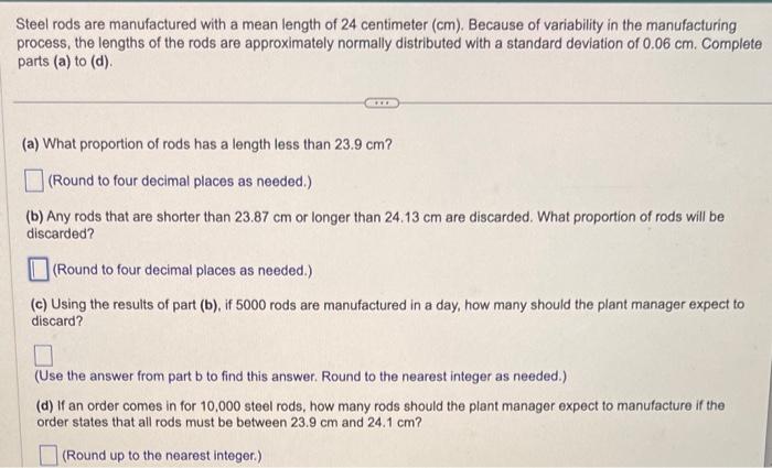 solved-steel-rods-are-manufactured-with-a-mean-length-of-24-chegg