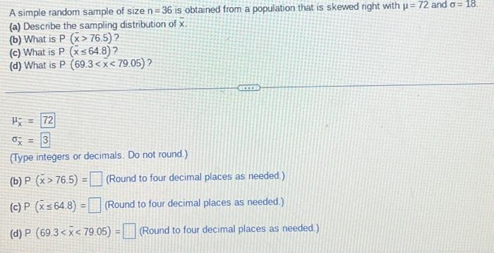 Solved A simple random sample of size n= 36 is obtained from | Chegg.com