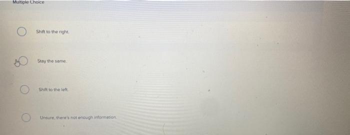 Multeple Qhoice
Shitt to the right
Stay the same.
Shift to the feft.
Unsure, theres not enough infarmotion: