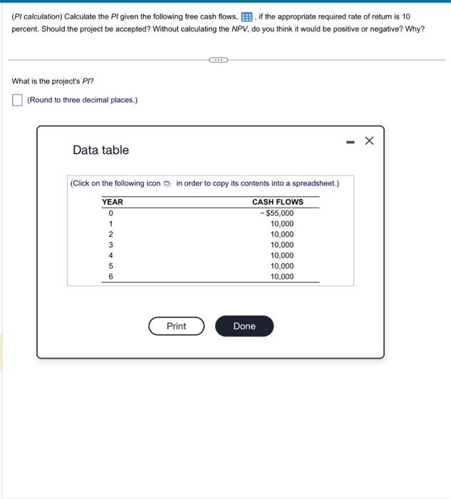 (PI calculation) Calculate the PI given the following free cash flows, , if the appropriate required rate of return is 10 per