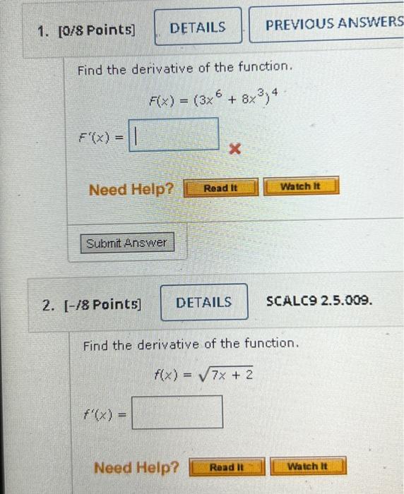 Solved 1. [0/8 Points] Find the derivative of the function. | Chegg.com