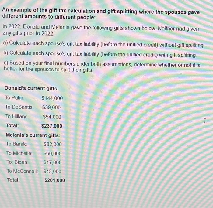 An example of the gift tax calculation and gift