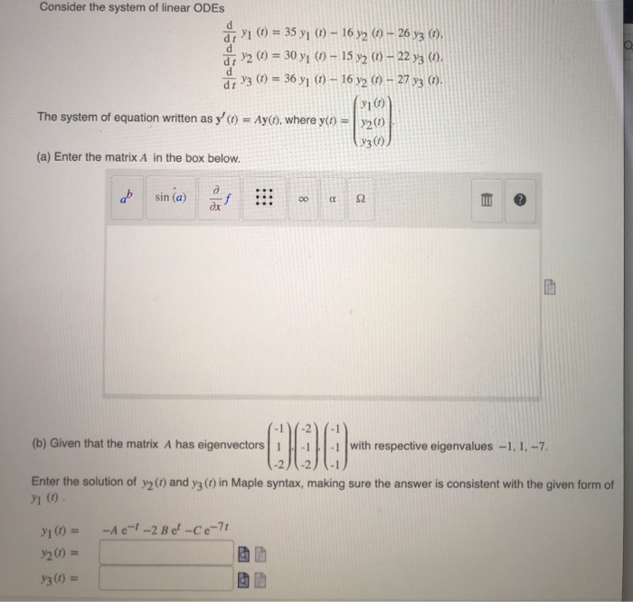 Solved Consider the system of linear ODES 1 (1) = 35 yj (1) | Chegg.com
