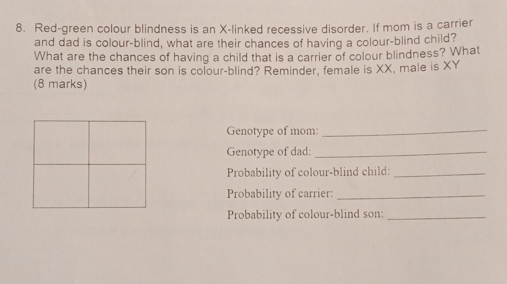 Solved Red-green colour blindness is an X-linked recessive | Chegg.com