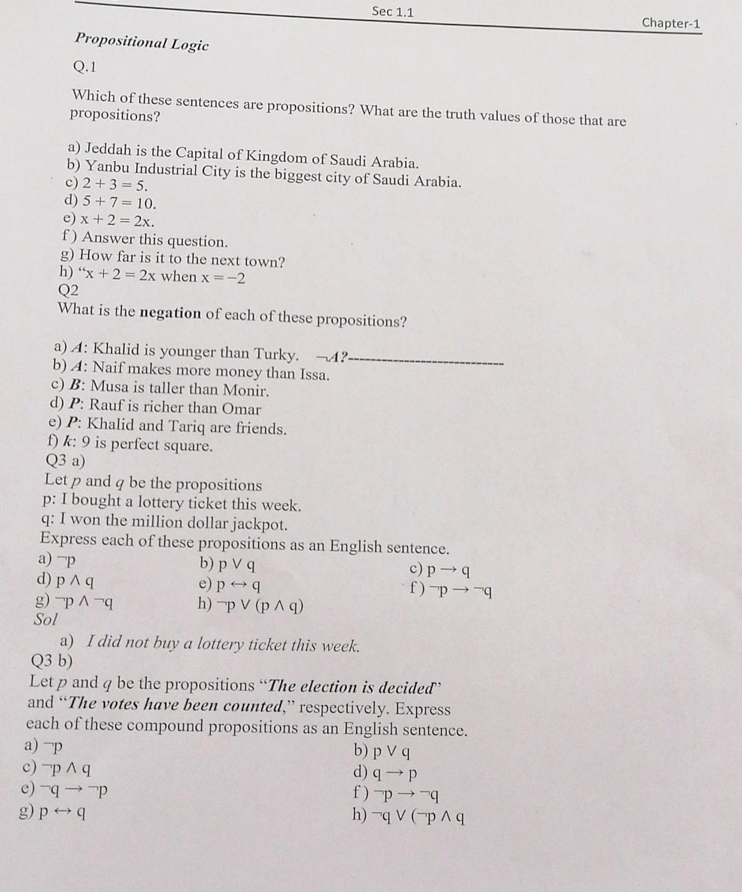 Solved Sec 1.1 Chapter 1 Propositional Logic Q.1 Which of | Chegg.com